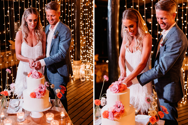 Bethany and Tom cutting the wedding cake