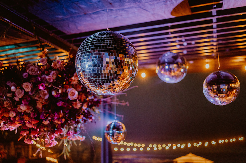 Wedding decor made of Disco Balls and flowers