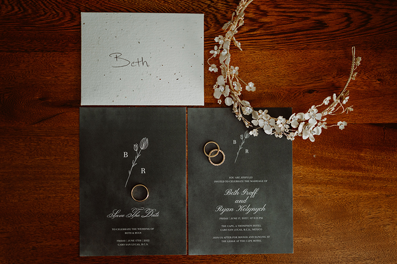 Wedding invitation, rings and Tiara