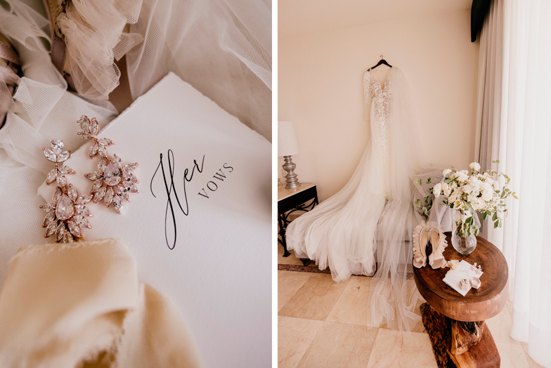 The Bride's earrings, Vows, Wedding Dress and shoes