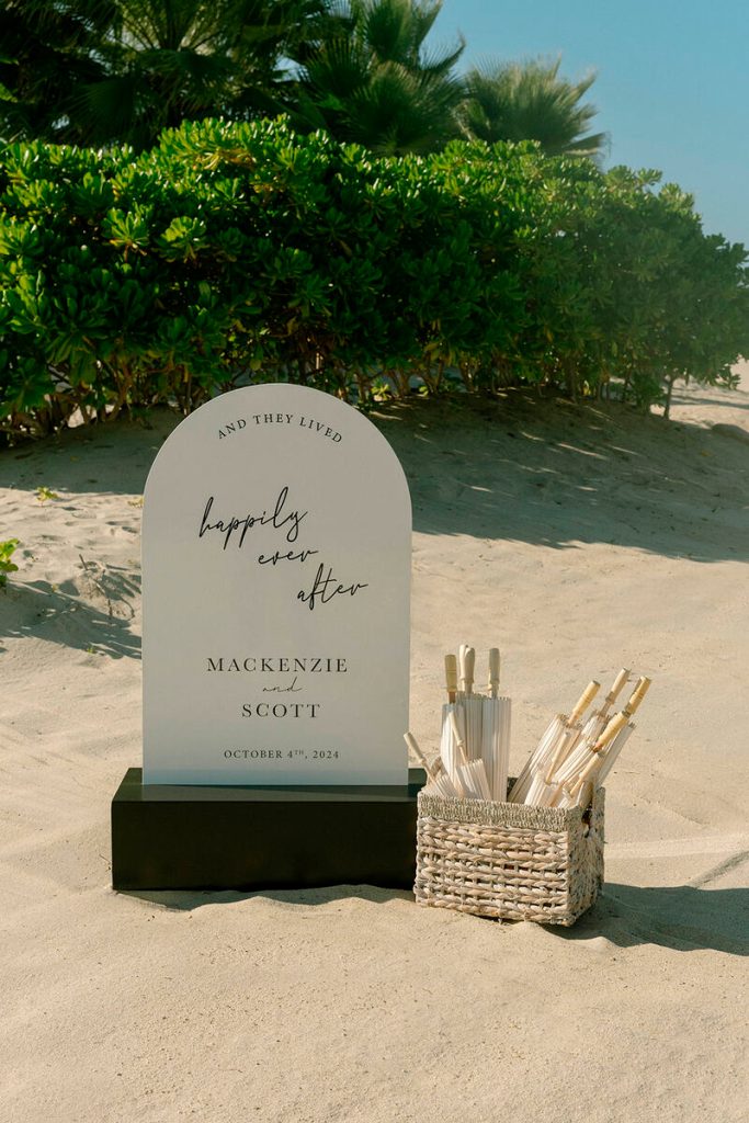Wedding Ceremony Sign and courtesy umbrellas