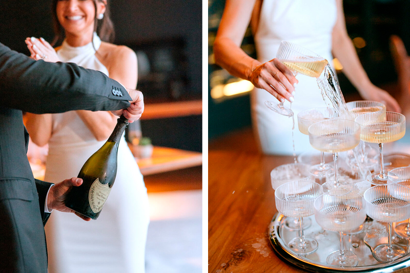 The couple opening a Champaigne bottle and pouring it on glass tower