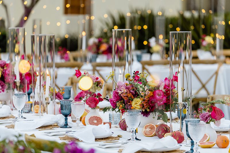 Reception Dinner Table Setup with Crystals and Flowers