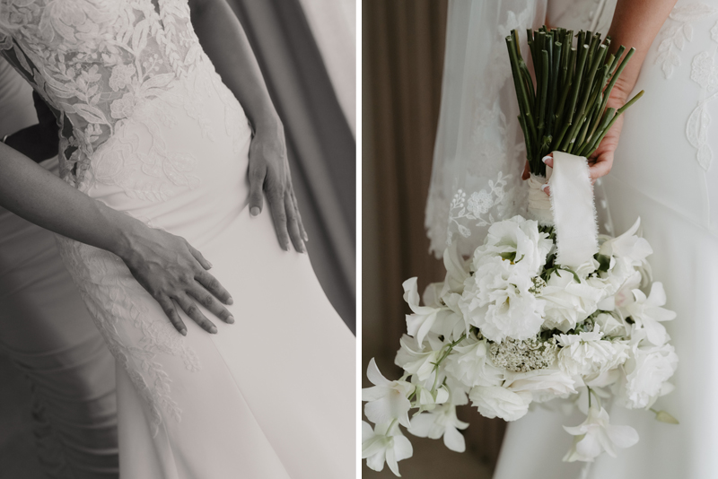 Wedding Dress Detail and Flower Bouquet made of White Flowers