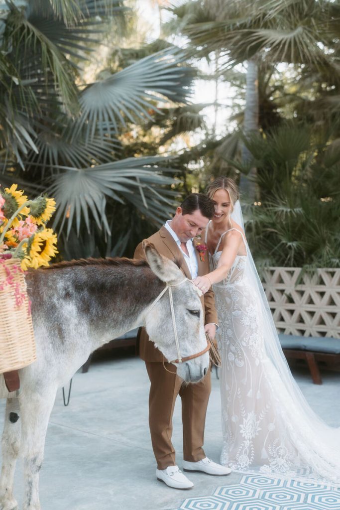 Christina and Frank petting a donkey