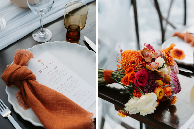 Wedding reception crockery and Floral centerpiece
