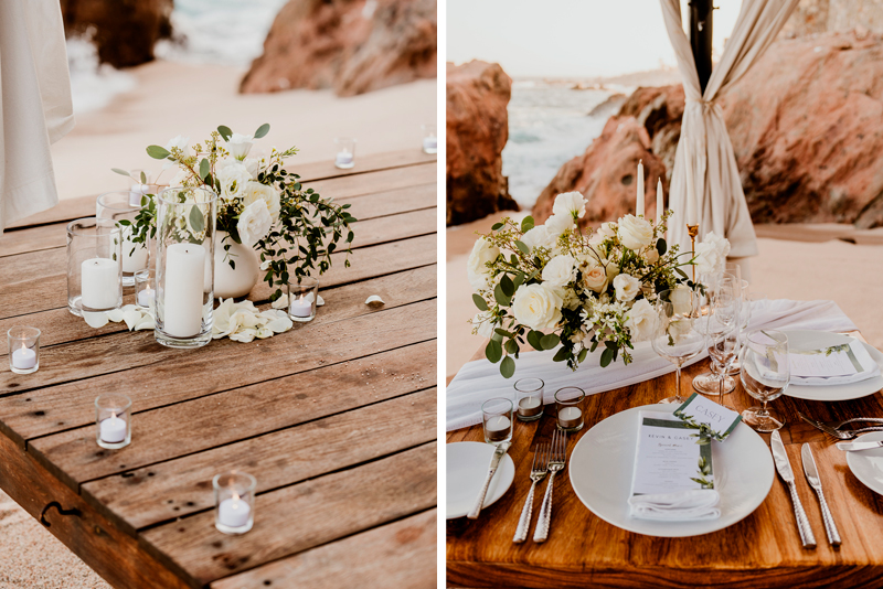 Romantic dinner table setup with white flowers