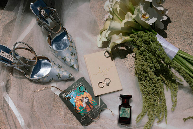 Jasmine's wedding shoes, flower bouquet, and wedding rings