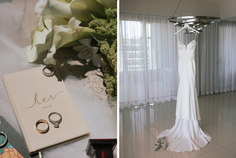 The bride's wedding dress and wedding bands