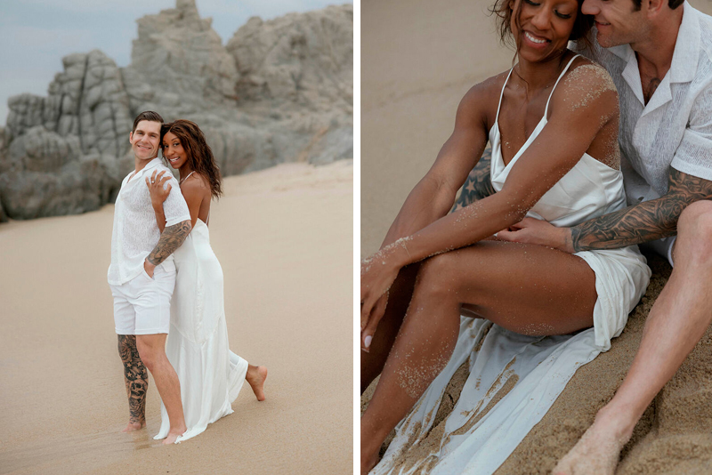 The couple making a photo shooting at the beach